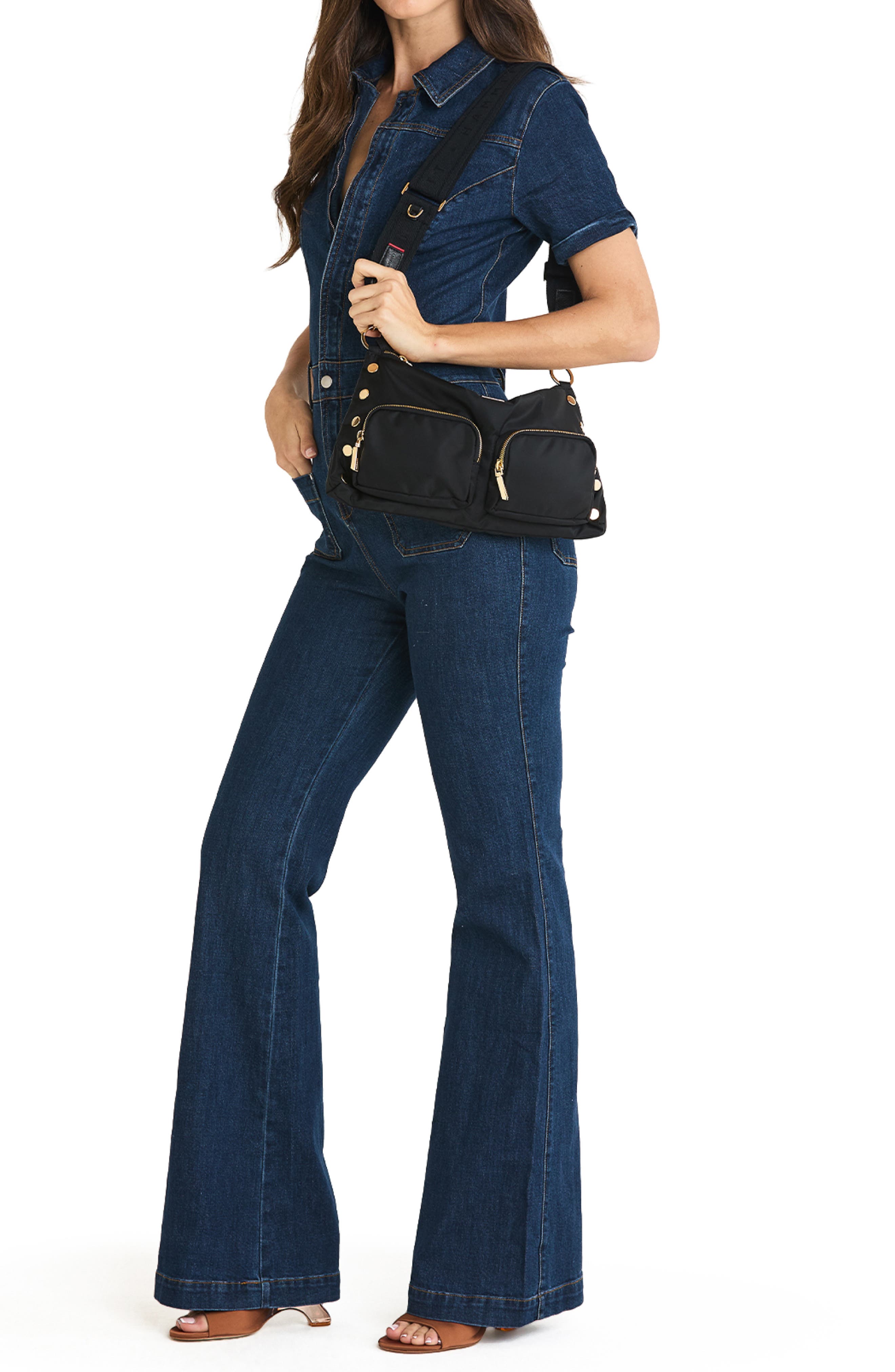 HAMMITT Kyle Medium Shoulder Bag, Alternate, color, Black Nylon Cargo/ Gold