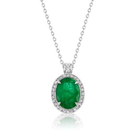 14K Gold 2.33cttw Oval-Cut Emerald & 0.27cttw Diamonds Pendant Necklace