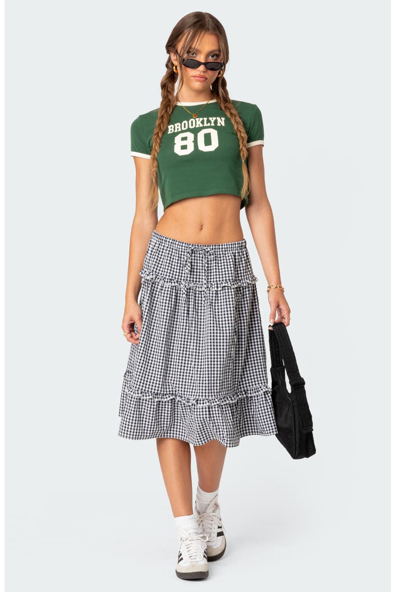 Gingham Tiered Ruffle Midi Skirt, Alternate, color, BLACK-AND-WHITE