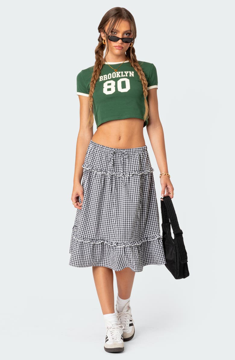 EDIKTED Gingham Tiered Ruffle Midi Skirt, Alternate, color, Black-And-White