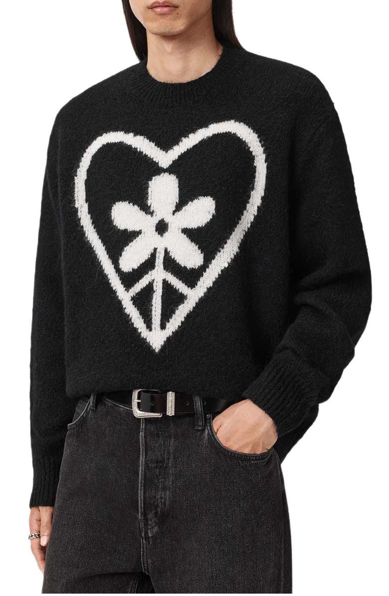 AllSaints Finden Heart Merino Wool & Alpaca Blend Crewneck Sweater, Alternate, color, Black