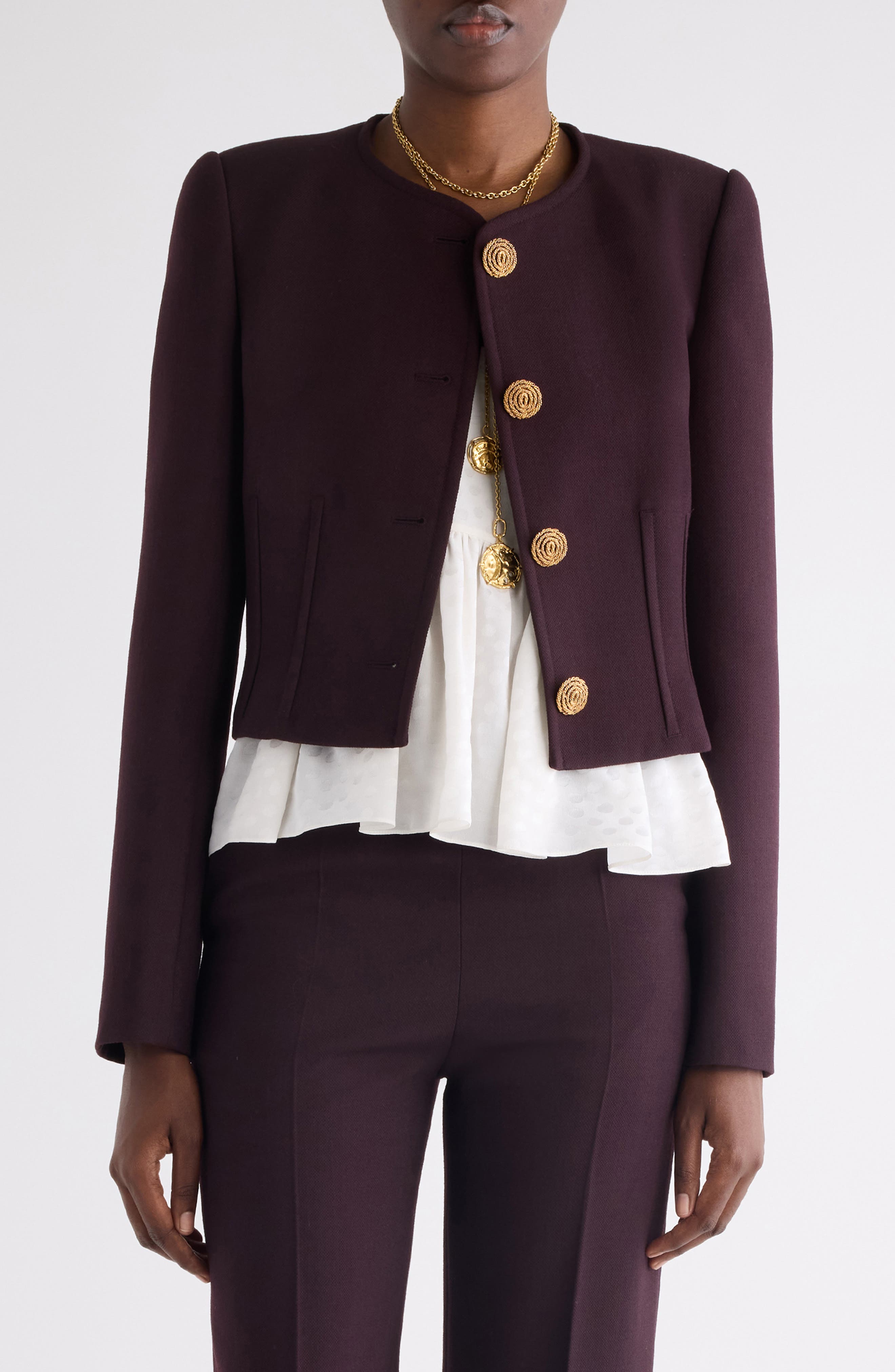 Collarless Wool Crepe Crop Jacket