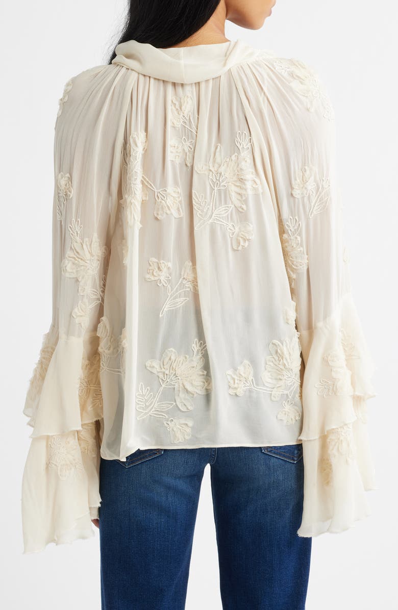 MANGO Blusa Gigi Floral Embroidered Tie Mock Neck Top, Alternate, color, Ecru