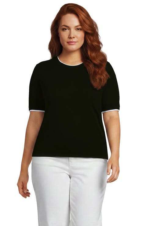 Double Trim Cotton Crew Neck Tee Sweater