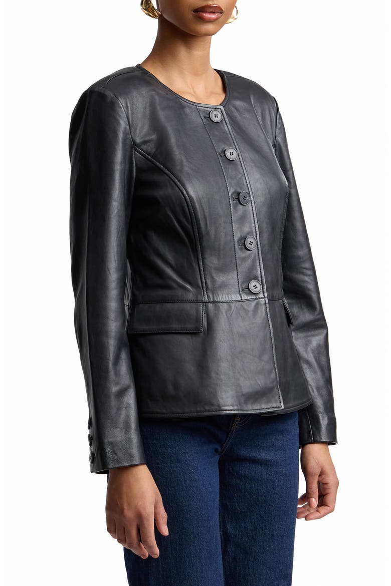 Peplum Leather Jacket, Alternate, color, BLACK