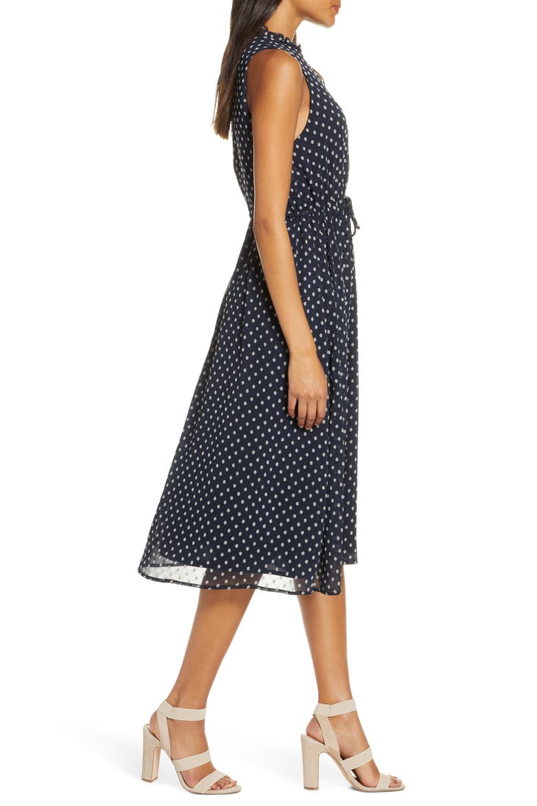 Sleeveless Polka Dot Tie Waist Midi Dress, Alternate, color, NAVY/ CREAM