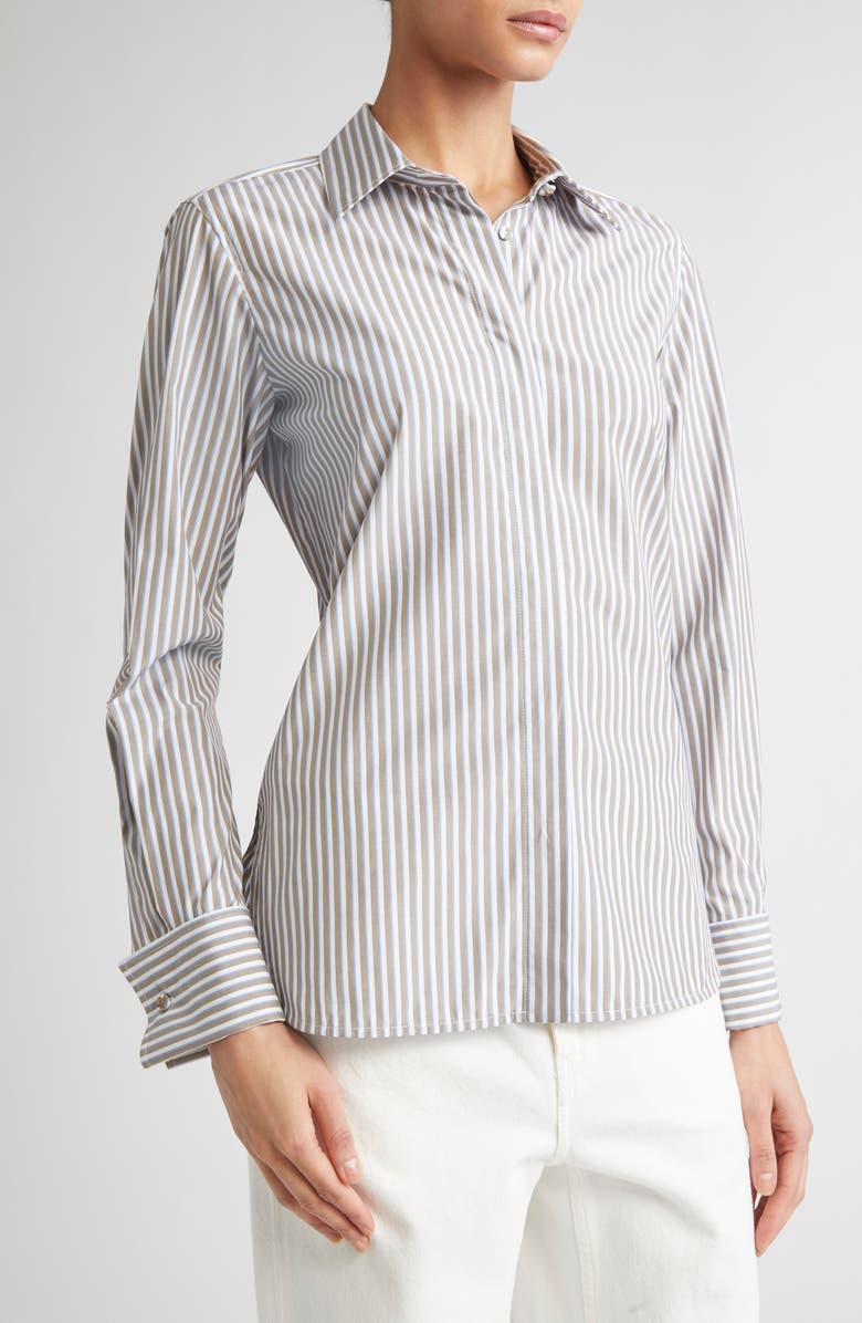 Max Mara Risors Stripe Stretch Poplin Button-Up Shirt, Alternate, color, Hazelnut Brown