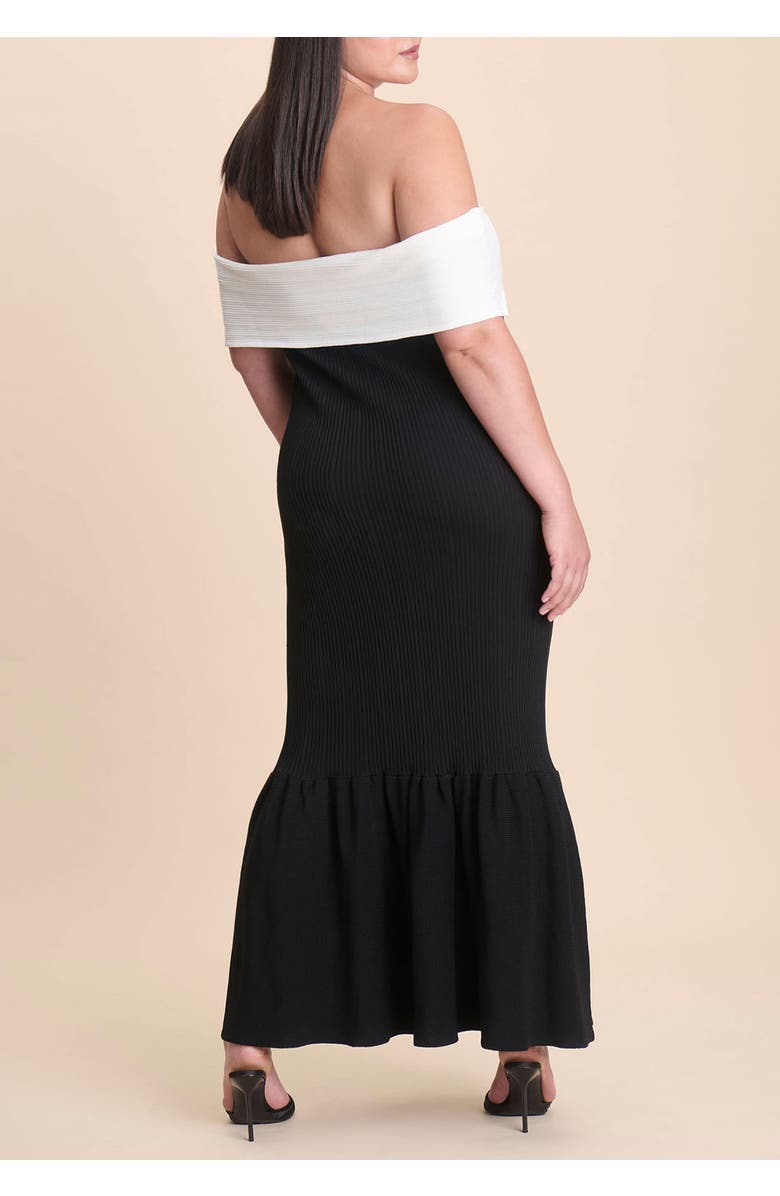 ELOQUII Contrast Bow Fluted Midi Dress, Alternate, color, Black Onyx White