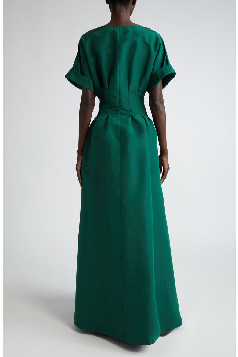 Cuffed Short Sleeve Button Front Silk Faille Gown, Alternate, color, SPRUCE GREEN