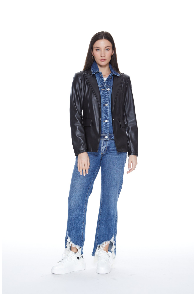 Helen Blazer in Black UNreal Leather, Alternate, color, Black / Monaco