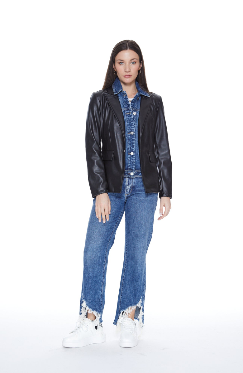 BLUE REVIVAL Helen Blazer in Black UNreal Leather, Alternate, color, Black / Monaco