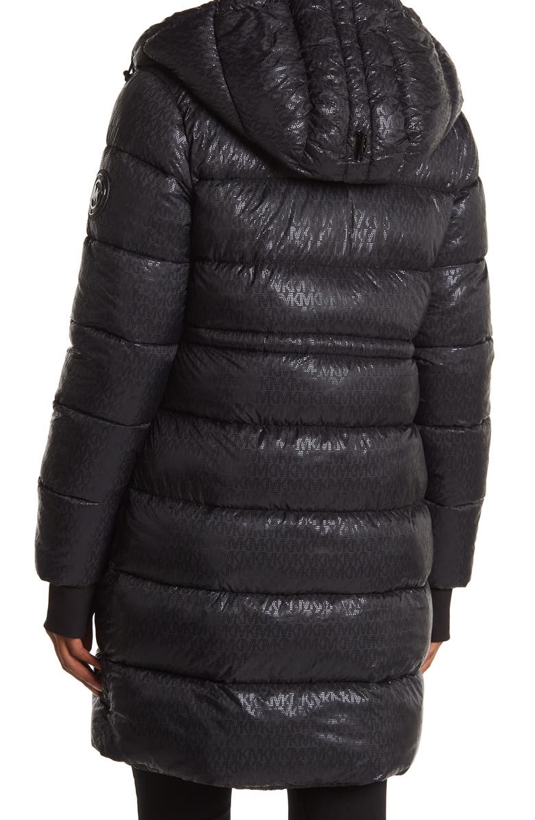 Michael Kors Water-Resistant Hooded Shiny Logo Print Nylon Puffer Jacket, Alternate, color, 