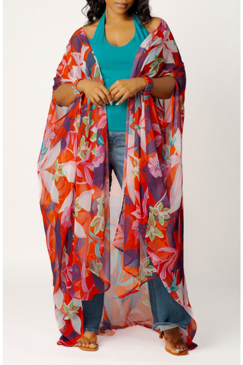 Floral Robe with Wristband, Main, color, RED MULTI