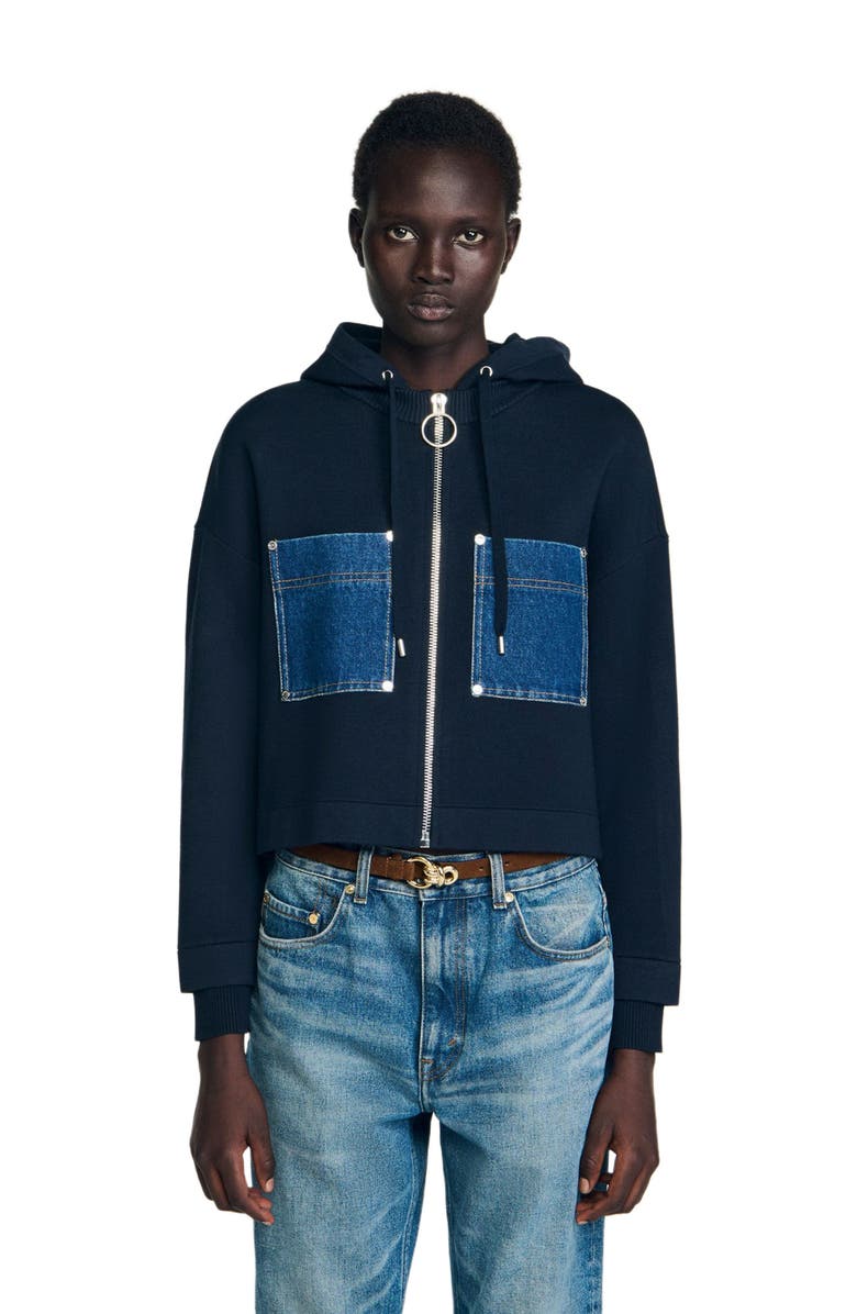 SANDRO Knit and denim sweatshirt, Main, color, Navy Blue