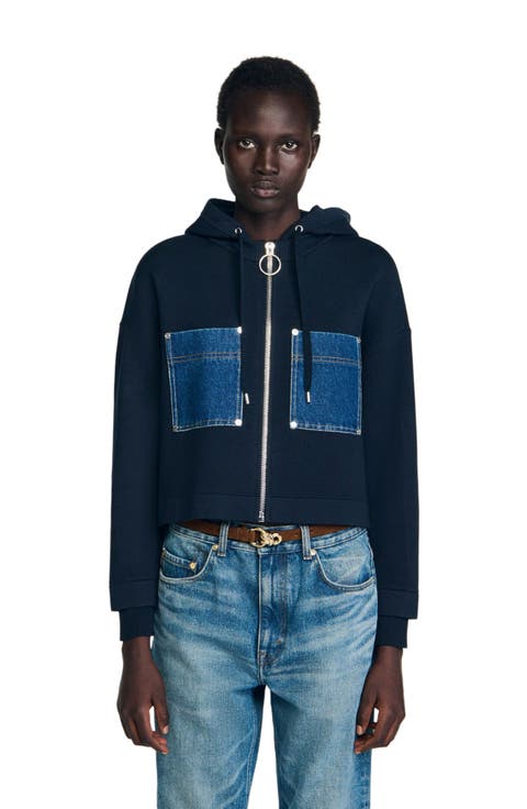 Knit and denim sweatshirt