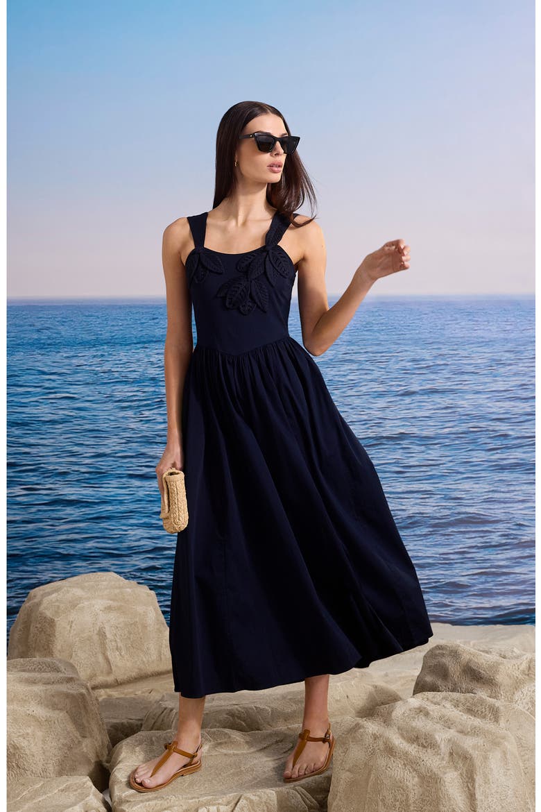 Eloise Floral Leaf Appliqué Stretch Cotton Fit & Flare Midi Dress, Alternate, color, DARK INDIGO