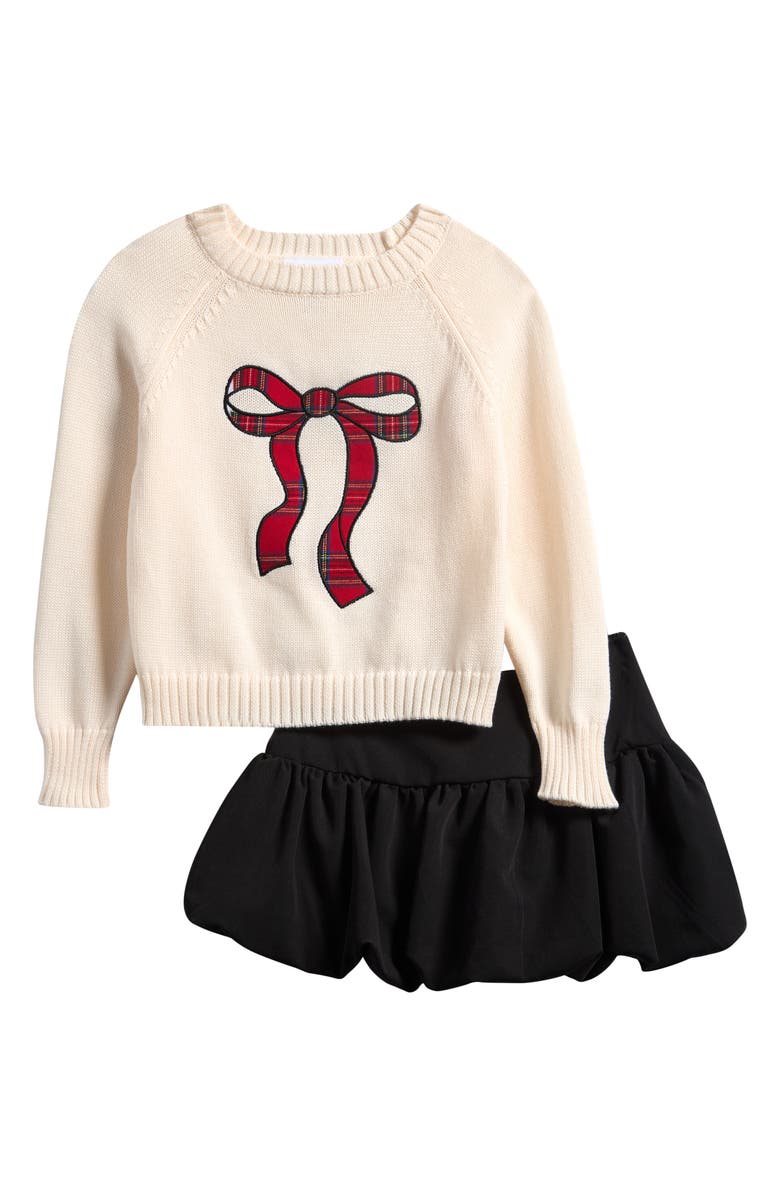 Tween Diva Kids' Plaid Bow Sweater & Skirt Set, Main, color, Ivory