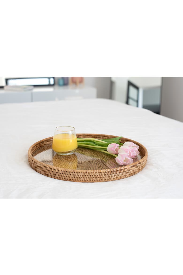 Artifacts Rattan Round Serving-Ottoman Tray with Glass Insert, Alternate, color, Honey Brown