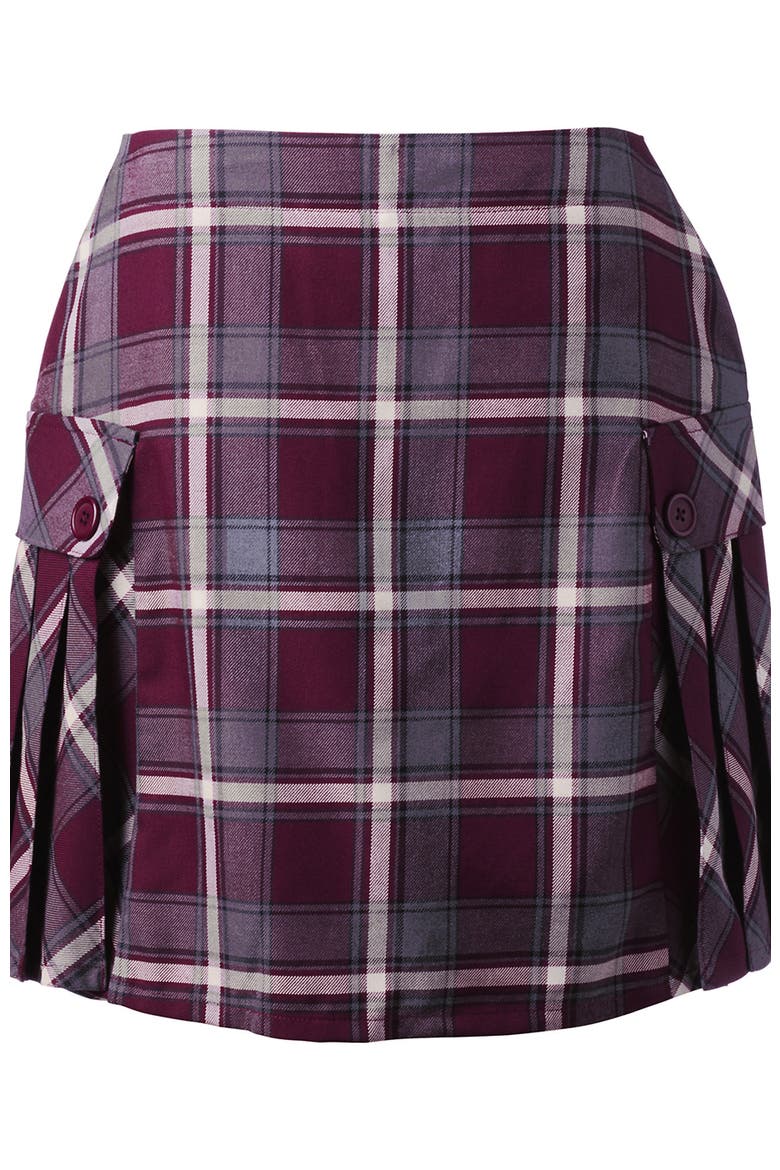 School Uniform Young  Side Pleat Plaid Skort Above the Knee, Alternate, color, Burgundy/Gray Plaid