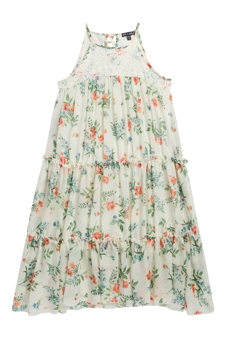 Kids' Floral Lace Bodice Trapeze Dress, Main, color, OFF WHITE