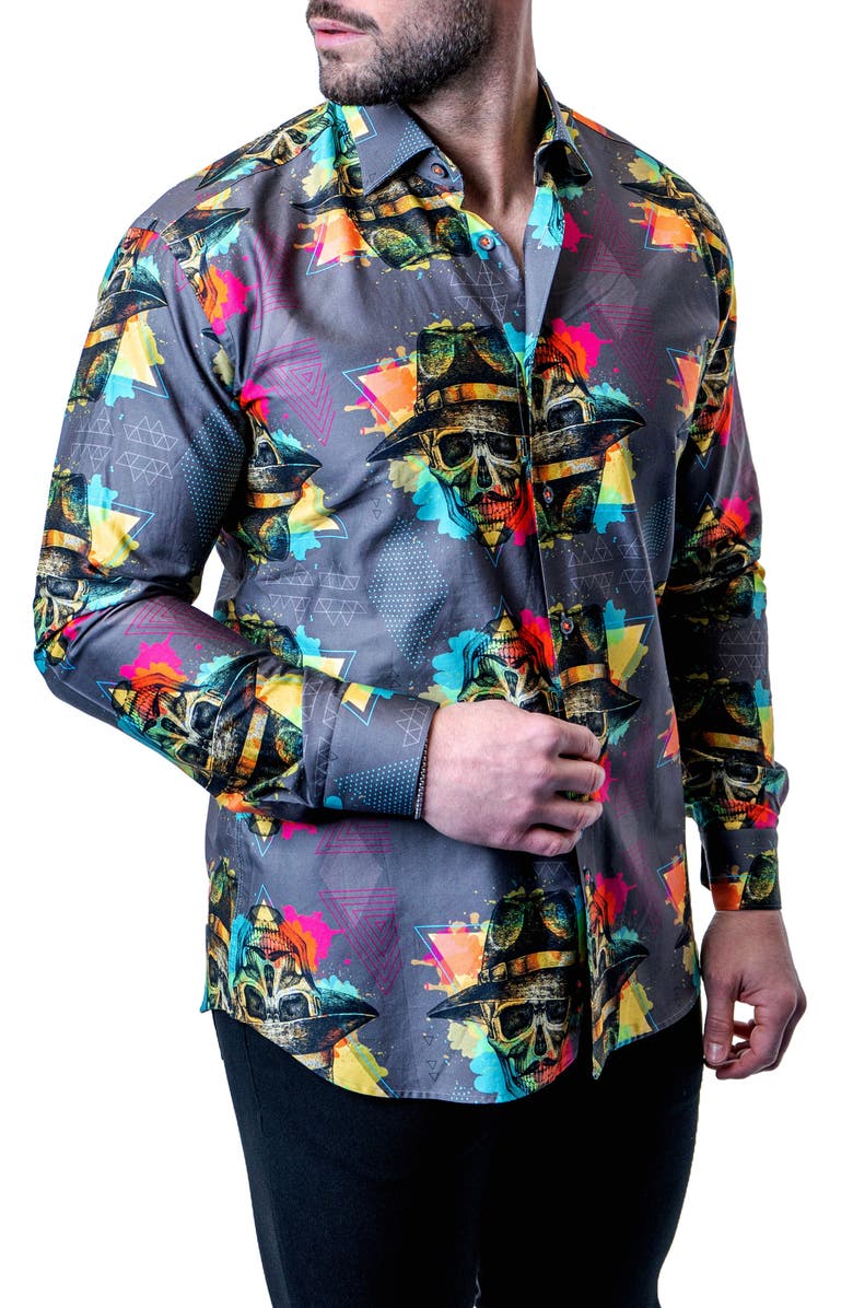 Maceoo Fibonacci Mob Skull Multi Contemporary Fit Button-Up Shirt, Alternate, color, Grey Multi