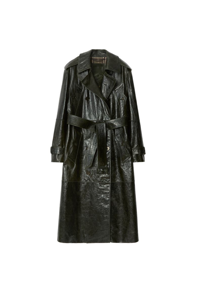 Long Embossed Leather Trench Coat, Alternate, color, Moat green