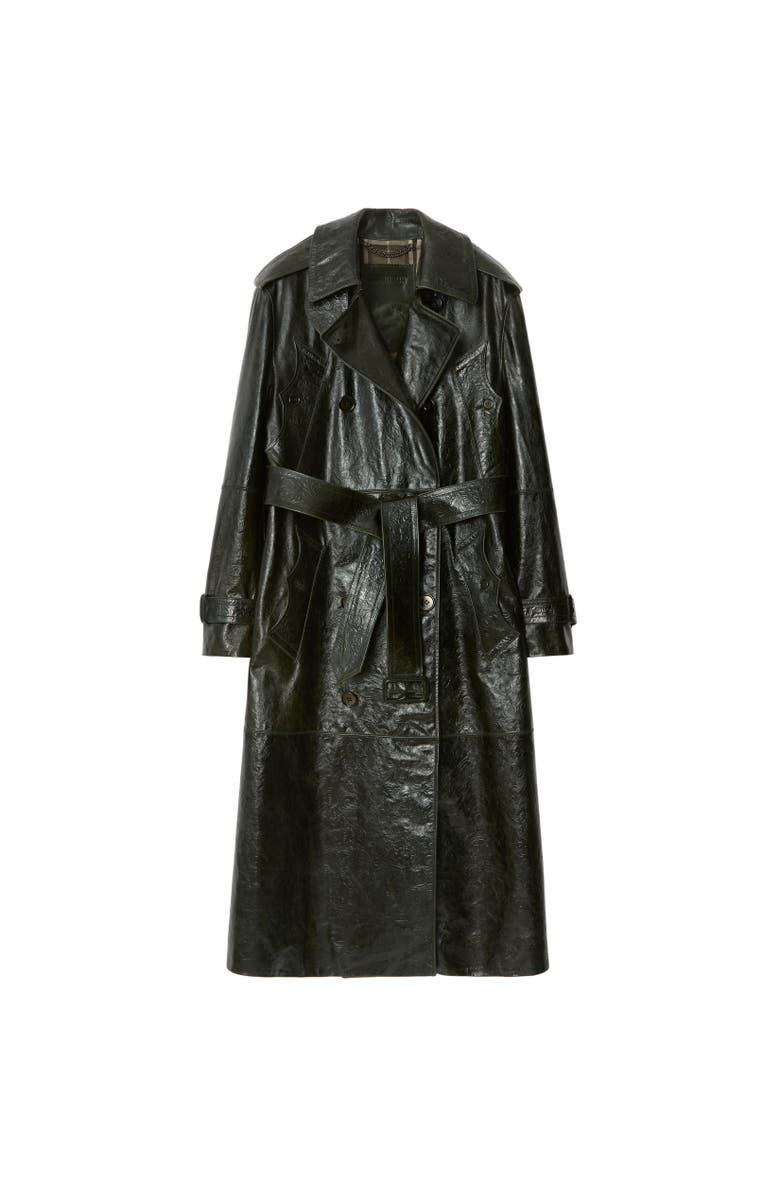 Burberry Long Embossed Leather Trench Coat, Alternate, color, Moat Green