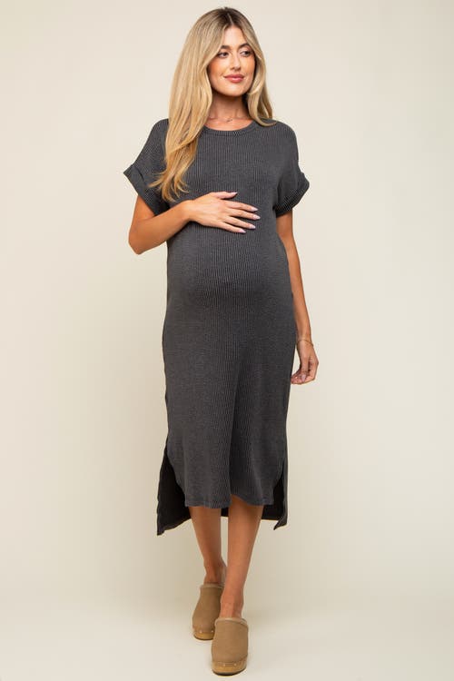 Pinkblush Ribbed Short Sleeve Midi Dress In Gray