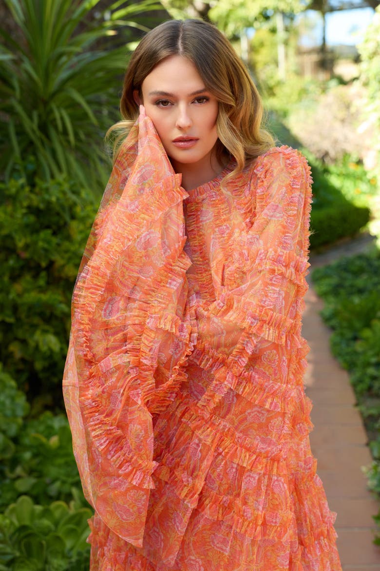 Floral Print Long Flare Sleeve Mesh A-Line Dress, Alternate, color, Mango Multi