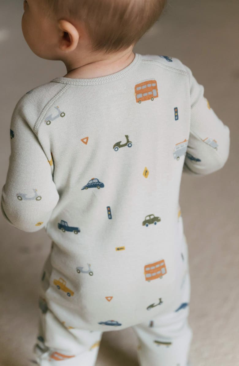 Pehr Print Rib Organic Cotton Fitted One-Piece Pajamas, Alternate, color, Rush Hour Mist