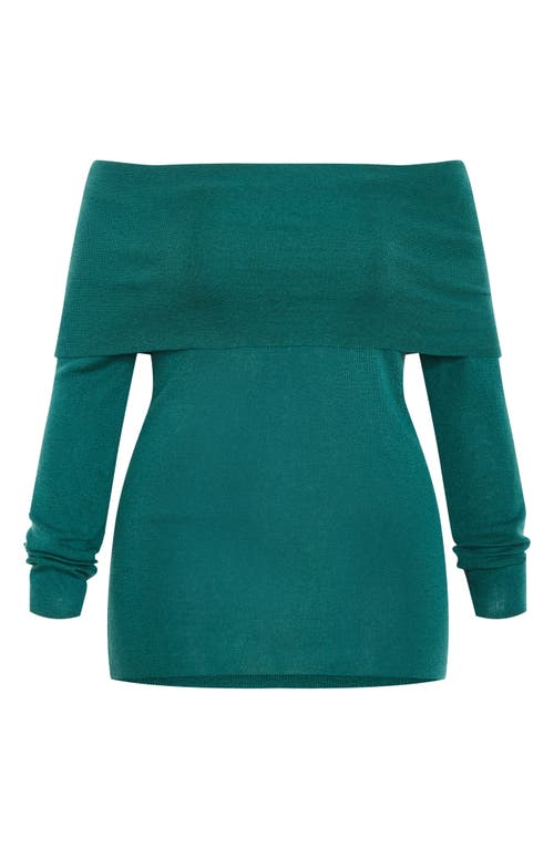 City Chic Florence Foldover Off The Shoulder Sweater In Green