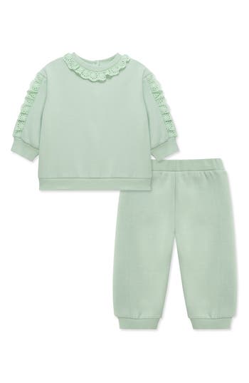 Little Me Ruffle Lace Trim Sweatshirt & Joggers In Green