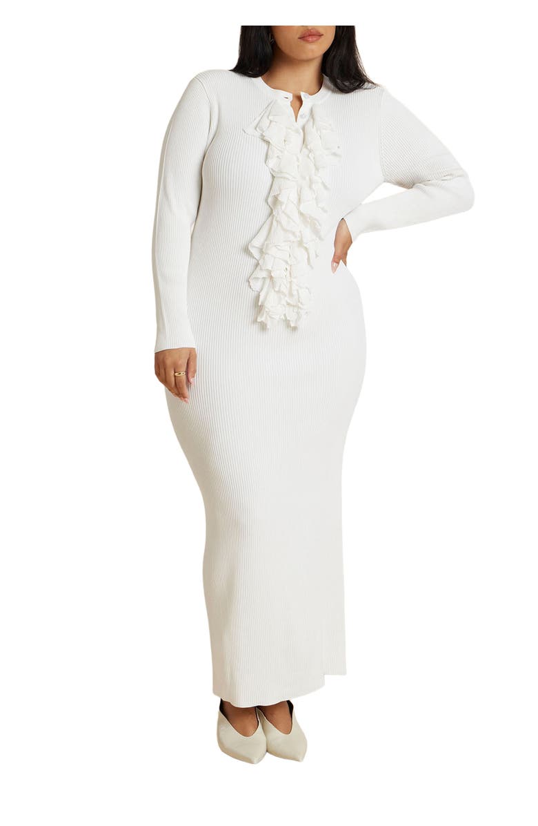 ELOQUII Ruffle Placket Sweater Dress, Main, color, 