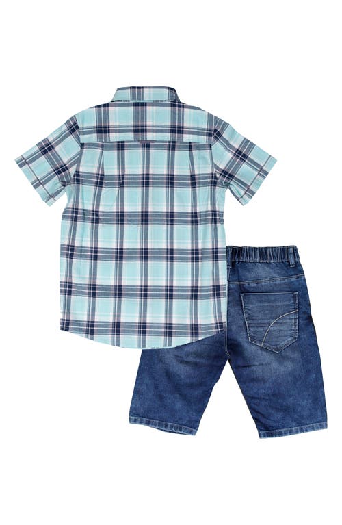 Joe's Plaid Short Sleeve Button-up Shirt & Denim Shorts Set In Aqua