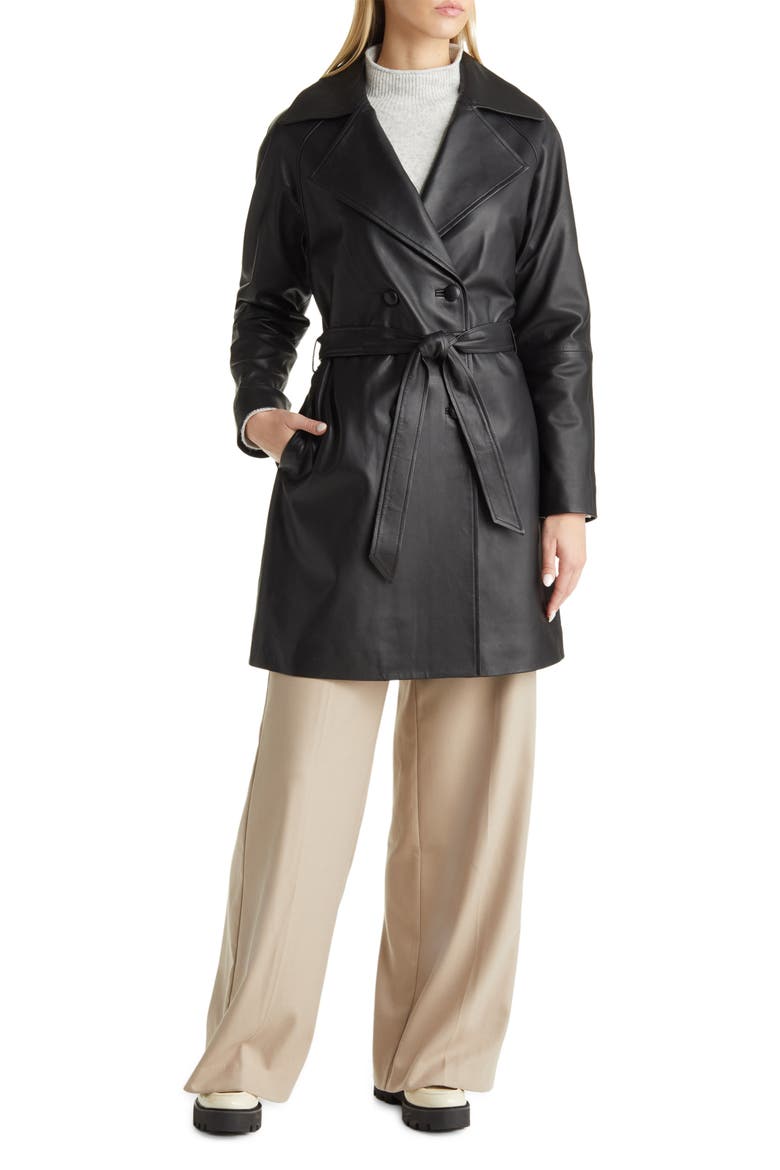 Double Breasted Leather Trench Coat, Alternate, color, BLACK