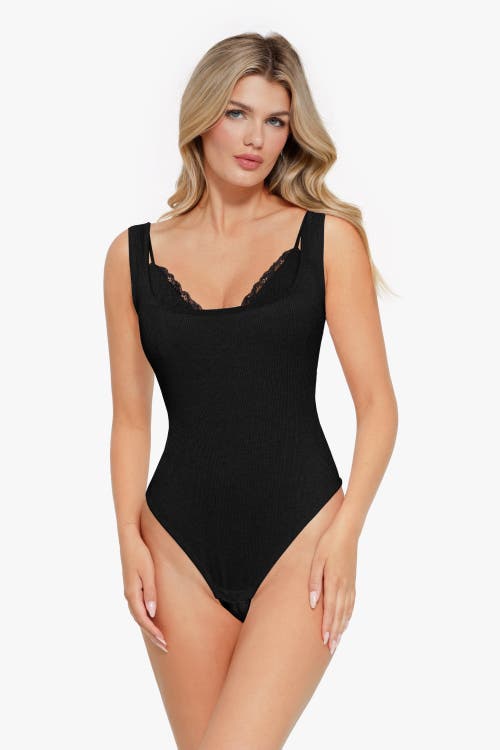 Popilush Shapewear Modal Tummy Control Inner Lace Cami Bodysuit In Midnight Black