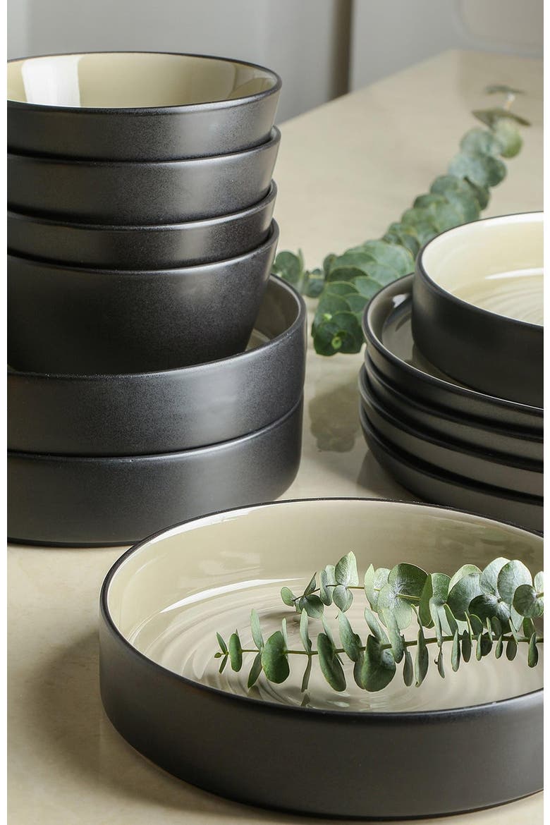 Elica Stoneware 12-Piece Dinnerware Set, Alternate, color, Beige and Black