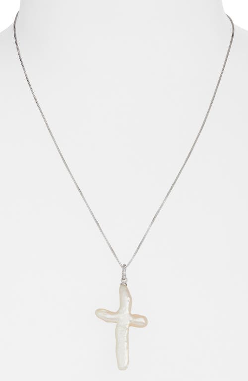 Child Of Wild Esther Freshwater Pearl Cross Pendant Necklace In Silver