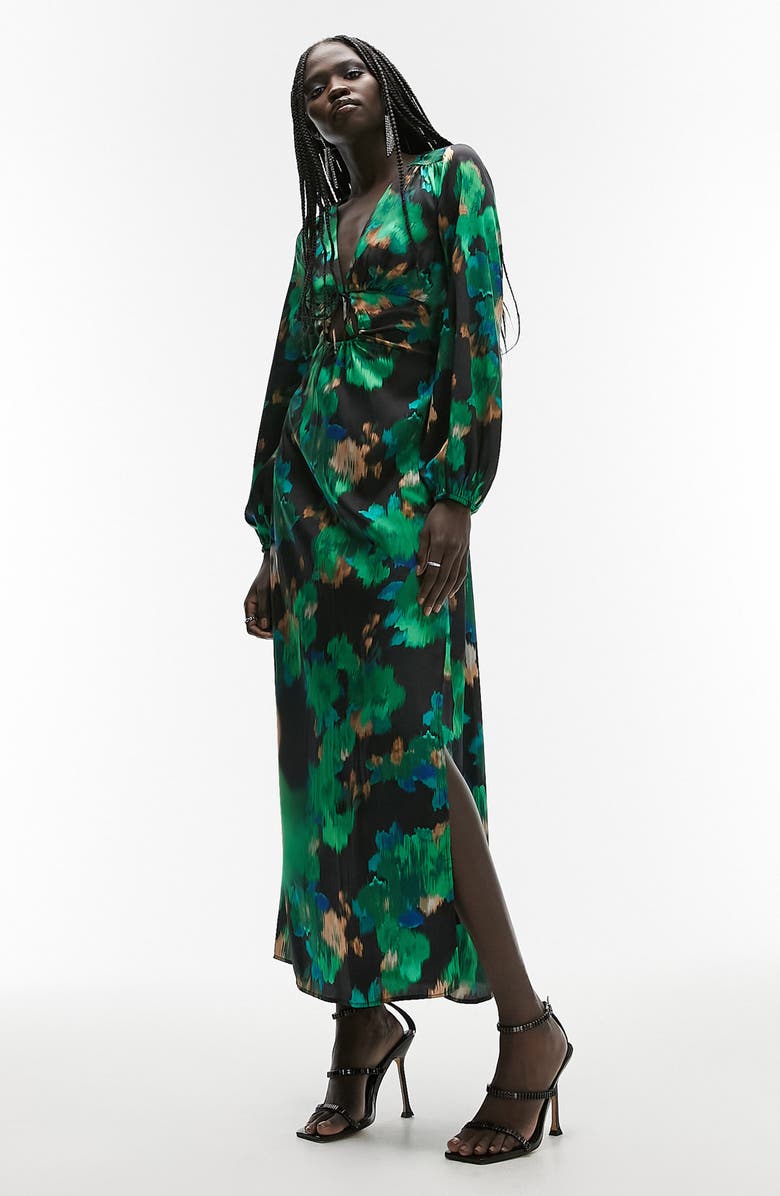 Topshop Abstract Floral Long Sleeve Satin Maxi Dress, Main, color, 