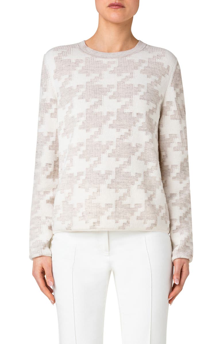 Akris Pixelated Houndstooth Jacquard Crewneck Sweater, Main, color, 
