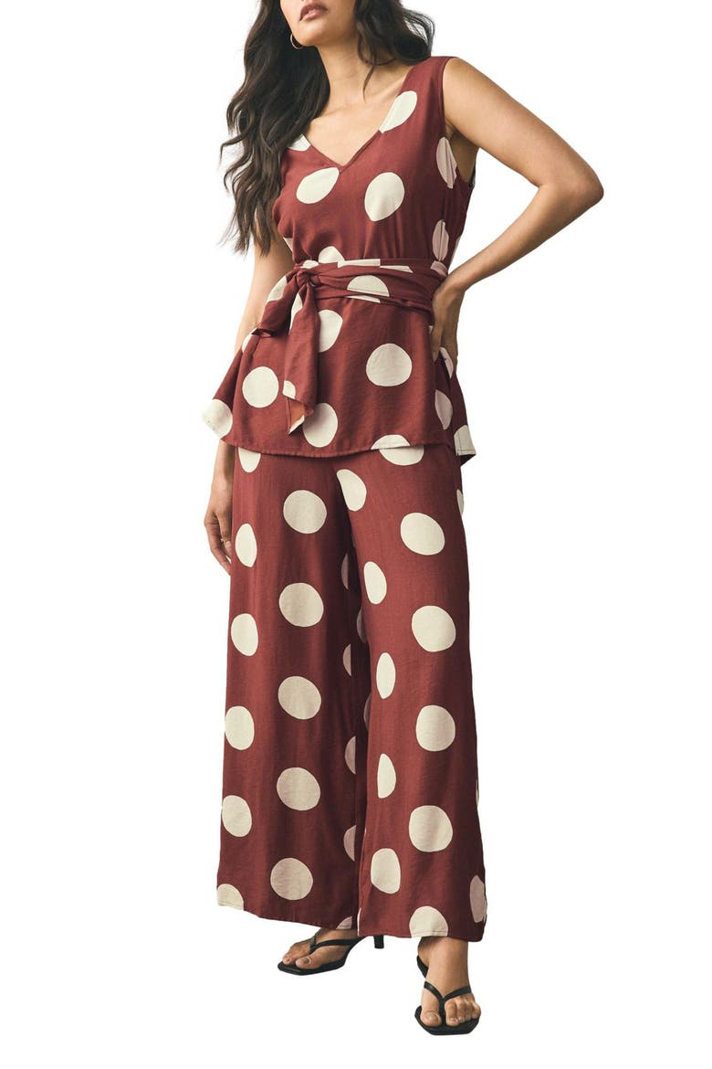 Polka Dot Tie Waist Jumpsuit, Main, color, BROWN