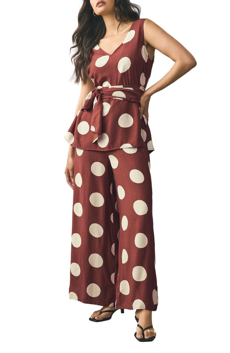 NEXT Polka Dot Tie Waist Jumpsuit, Main, color, Brown