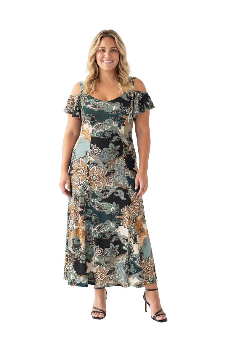 Curvy Elevate Paisley Print Soft V-Neck Cold Sholder Ruffle Sleeve A-Line Maxi Dress, Main, color, Green Multi