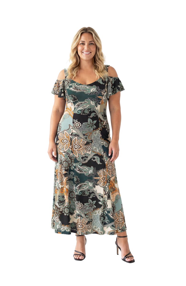 24seven Comfort Apparel Curvy Elevate Paisley Print Soft V-Neck Cold Sholder Ruffle Sleeve A-Line Maxi Dress, Main, color, Green Multi