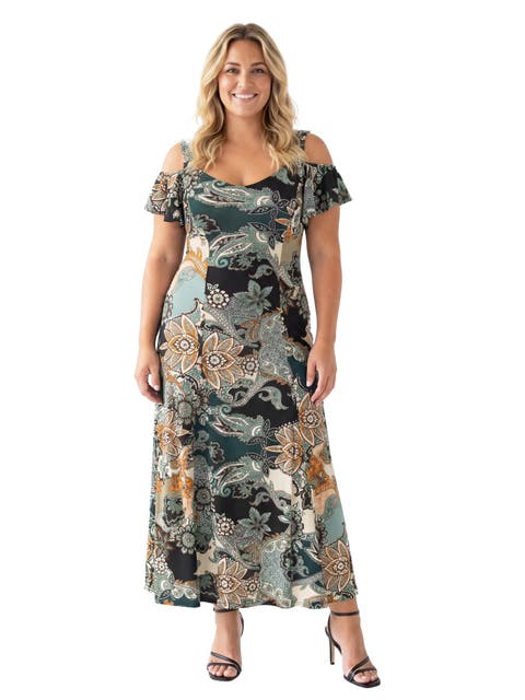 Curvy Elevate Paisley Print Soft V-Neck Cold Sholder Ruffle Sleeve A-Line Maxi Dress