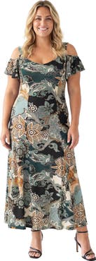 24seven Comfort Apparel Curvy Elevate Paisley Print Soft V-Neck Cold Sholder Ruffle Sleeve A-Line Maxi Dress