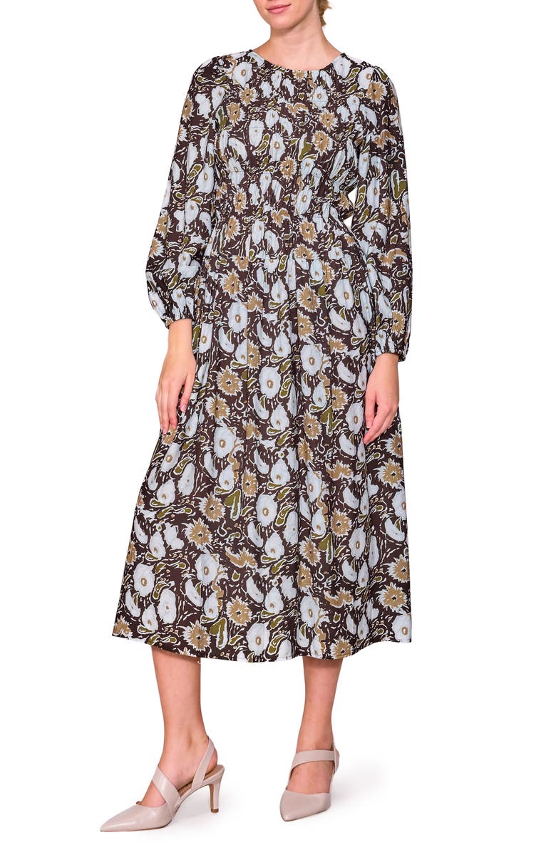 MELLODAY Floral Long Sleeve Midi Dress, Main, color, Chocolate Multi