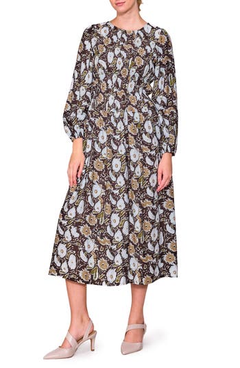 Melloday Floral Long Sleeve Midi Dress In Black