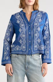 Forgotten Grace Embroidered Button Up Cotton & Linen Top