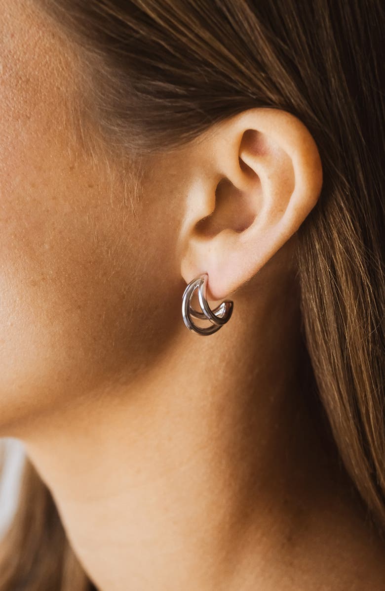 Sterling Forever Three Row Hoop Earrings, Alternate, color, Silver